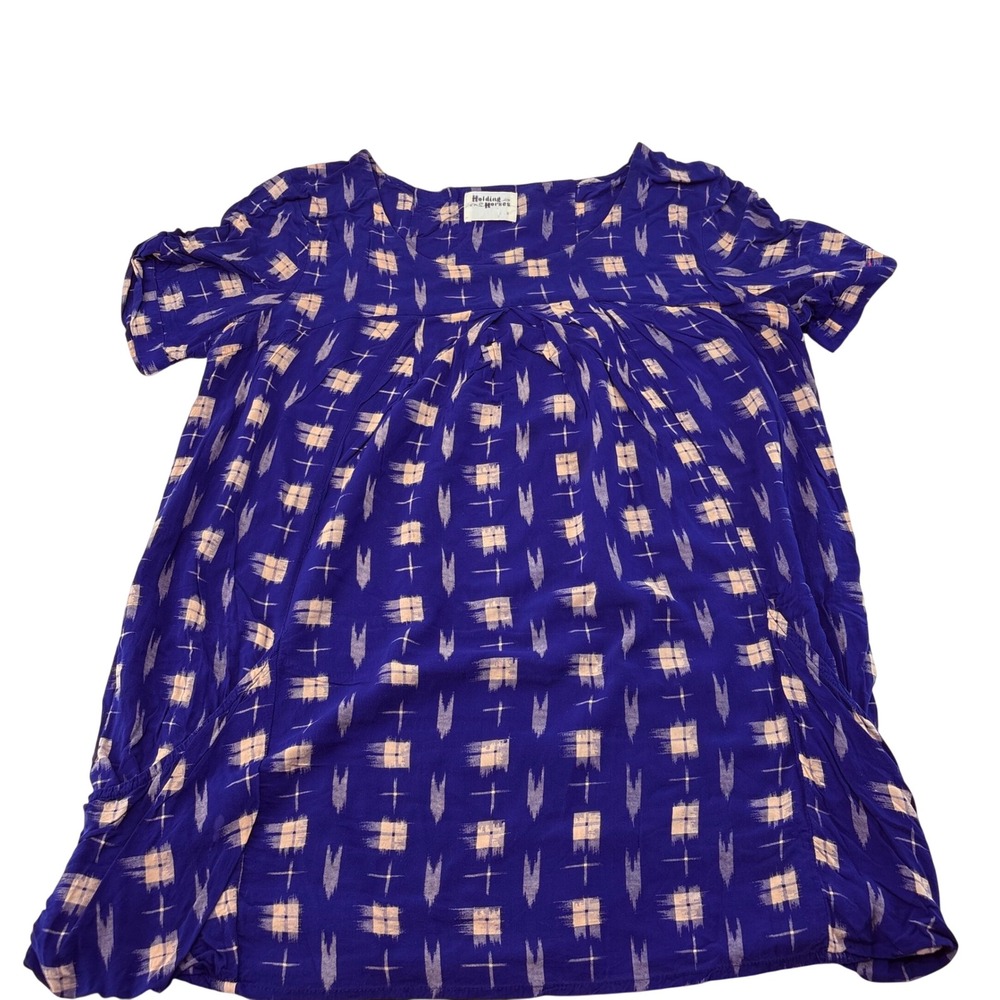 Holding Horses Anthropologie Blue Ikat Geometric‎ Rayon Tunic Top Womens Small